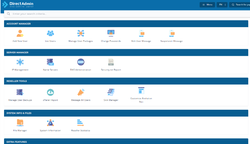 Una sezione di esempio del pannello rivenditore di un piano Reseller, con Directadmin
