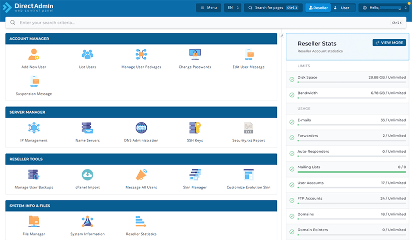 Demo pannello Directadmin con funzioni Reseller
